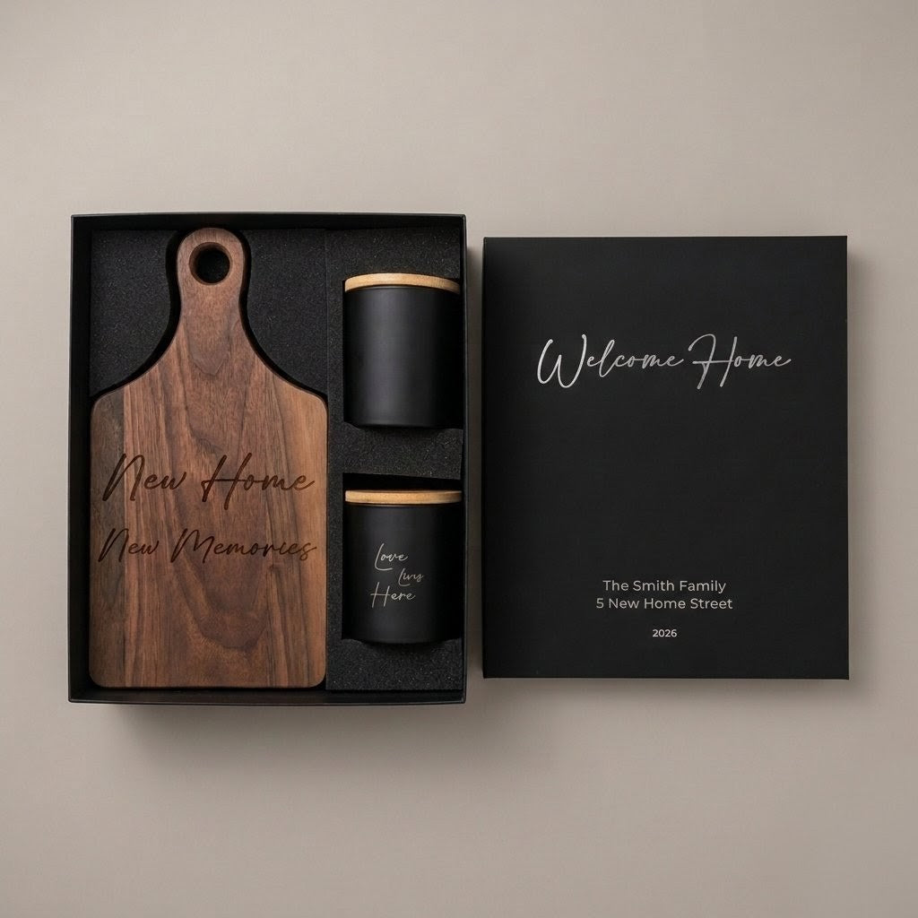Black welcome home gift box featuring a custom laser-engraved walnut cutting board and two personalized Belly's Candle Co matte black jars.