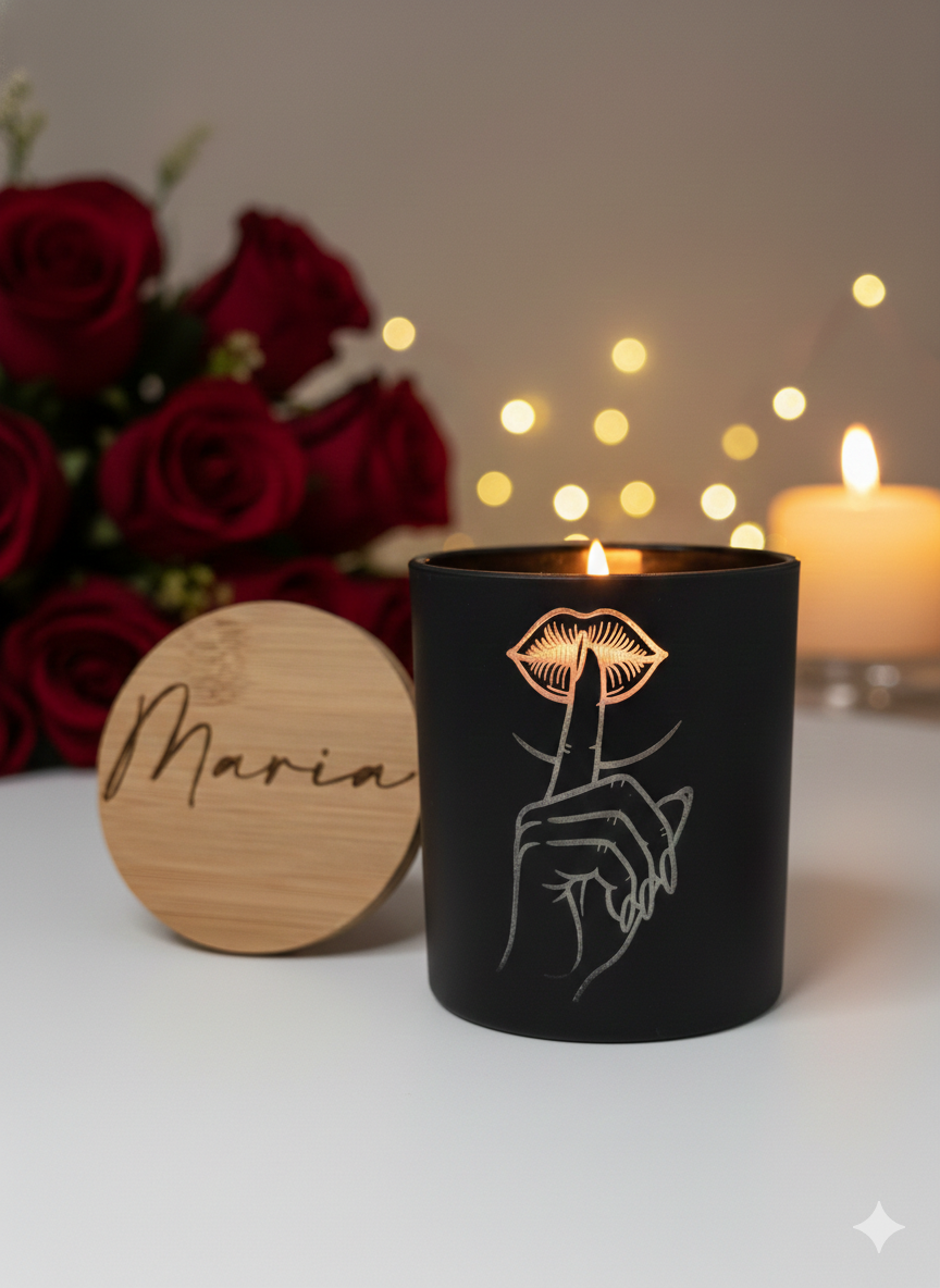 Personalized Candle – Engraved Black Jar Luxury Candle 10oz with Custom Wood Lid – Signature Scent Gift