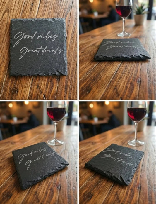 [SET OF 4] Engraved Slate Coasters - "Good vibes Great drinks" Rustic Bar & Home Decor
