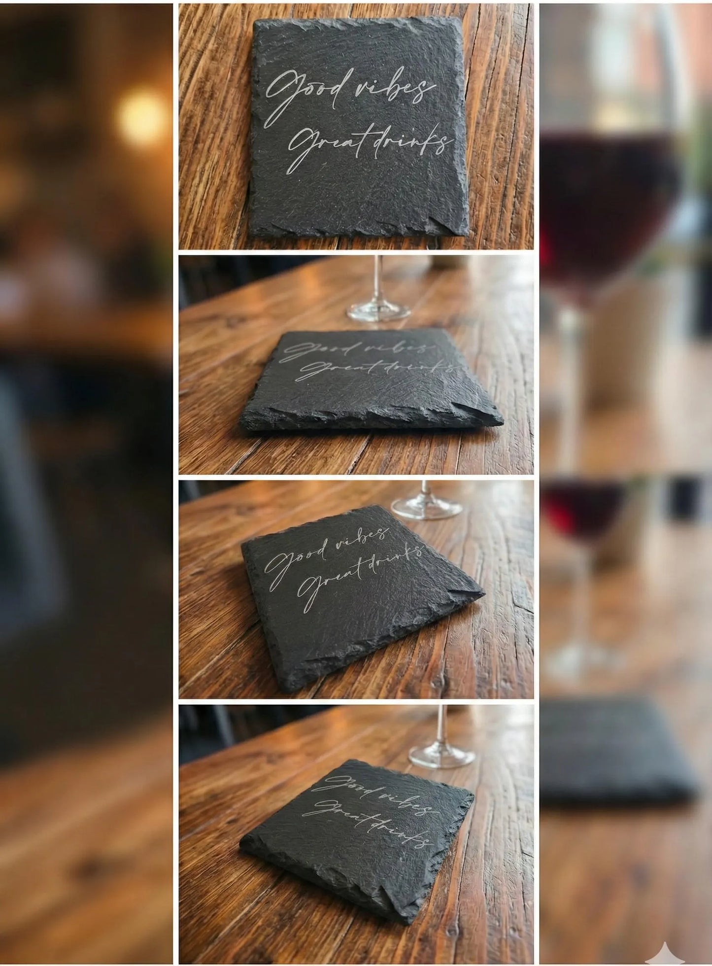 [SET OF 4] Engraved Slate Coasters - "Good vibes Great drinks" Rustic Bar & Home Decor
