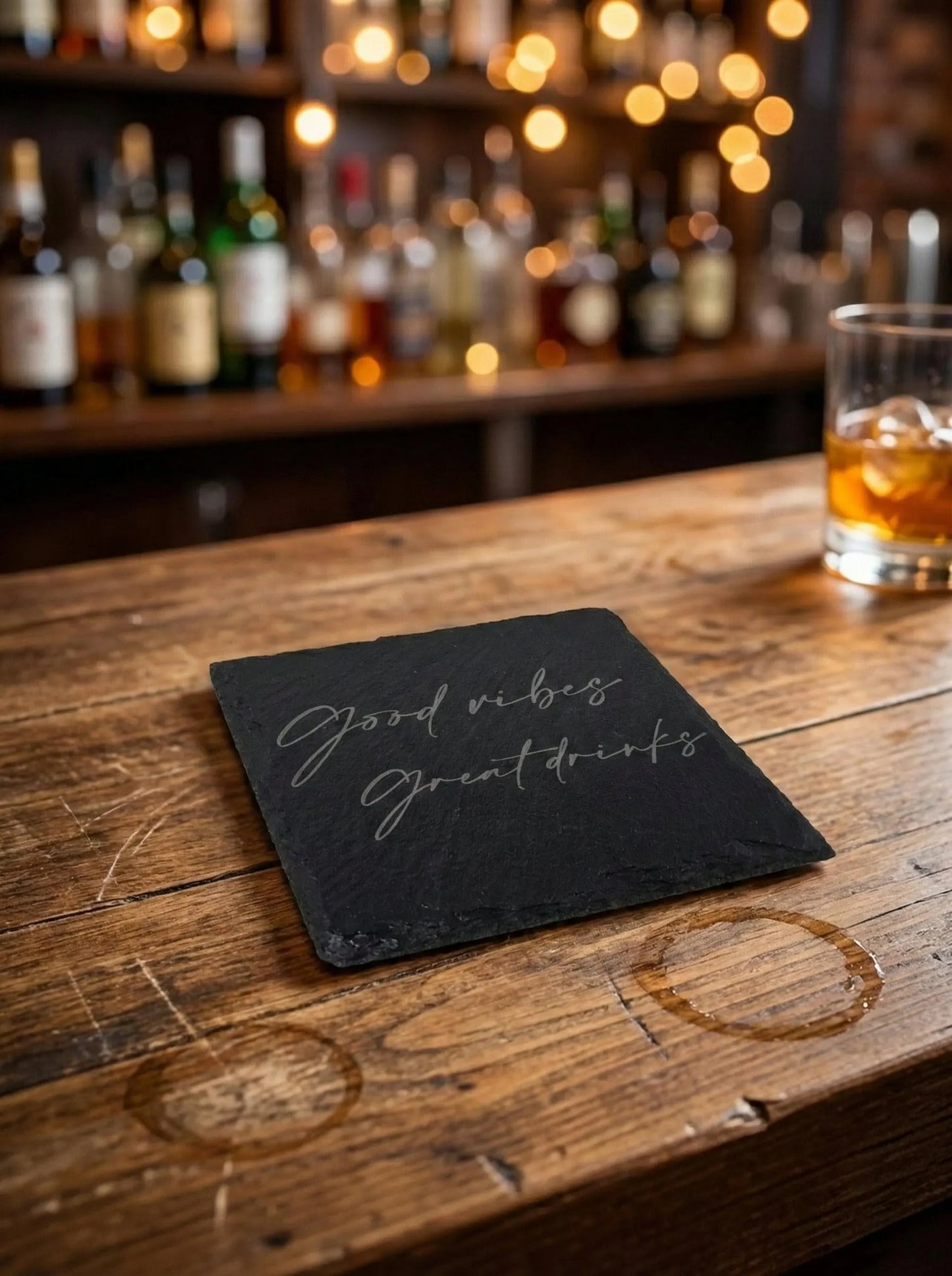 [SET OF 4] Engraved Slate Coasters - "Good vibes Great drinks" Rustic Bar & Home Decor