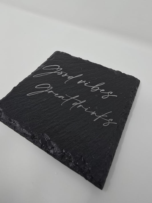 Engraved Slate Coaster Set 'Good Vibes Good Drinks' - Housewarming Gift, Custom Home Decor, set of 4 Slate coasters