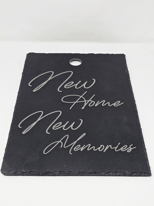 Engraved slate stone Board – “New Home New Memories” – Housewarming Gift – Rustic Kitchen Decor – Personalized option