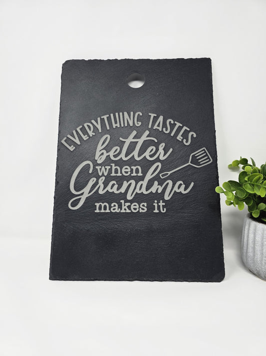 Engraved Cutting Board – “Everything Tastes Better When Grandma Makes It” – Gift for Grandma – Rustic Kitchen Decor – Personalized Board