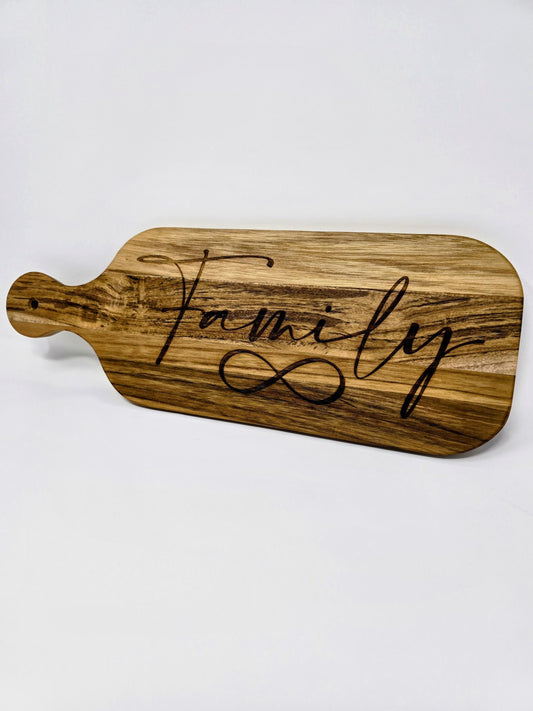Engraved Cutting Board with Family & Infinity Symbol – Rustic Slate, Walnut, or Maple – Personalized Gift – Housewarming-