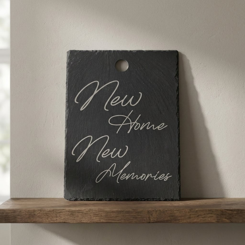 Engraved slate stone Board – “New Home New Memories” – Housewarming Gift – Rustic Kitchen Decor – Personalized option
