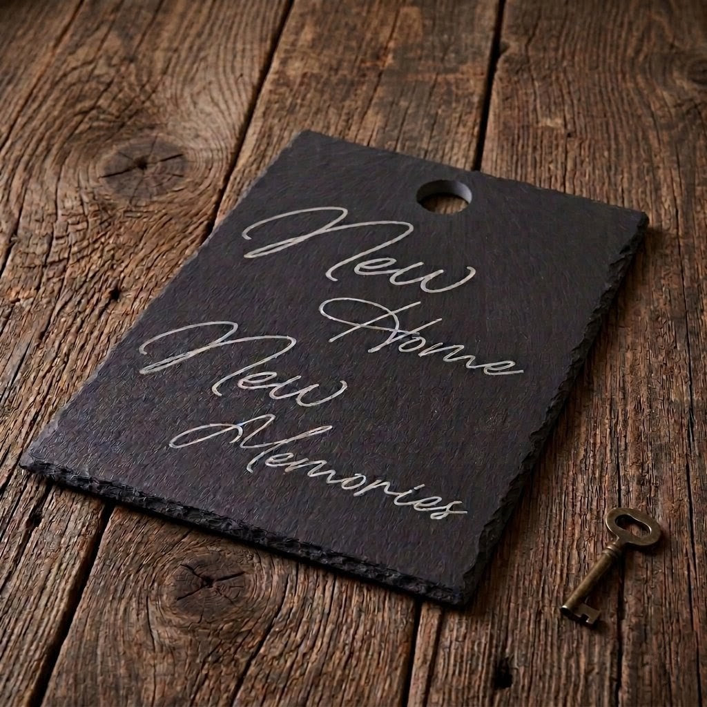 Engraved slate stone Board – “New Home New Memories” – Housewarming Gift – Rustic Kitchen Decor – Personalized option