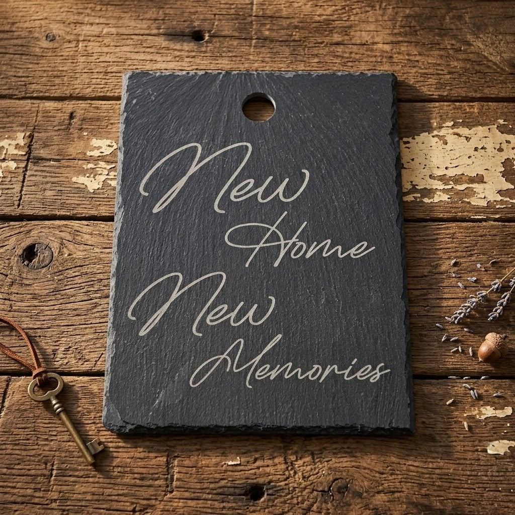 Engraved slate stone Board – “New Home New Memories” – Housewarming Gift – Rustic Kitchen Decor – Personalized option
