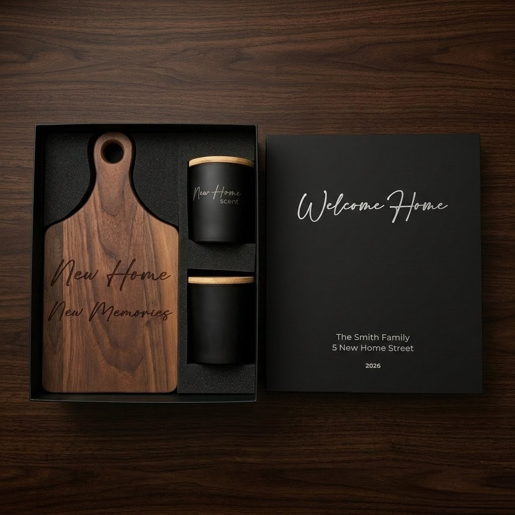 Black welcome home gift box featuring a custom laser-engraved walnut cutting board and two personalized Belly's Candle Co matte black jars.