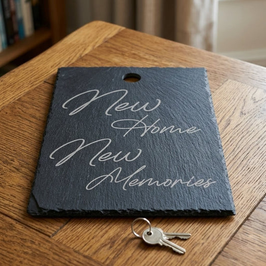 Engraved slate stone Board – “New Home New Memories” – Housewarming Gift – Rustic Kitchen Decor – Personalized option